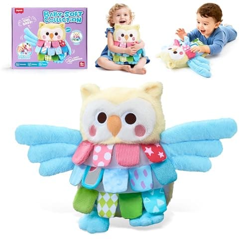 JoyCat Sensory Owl Baby Toy for 0-12 Months, 13''Soft Tummy Time Infant Toy with Multi-Textured Crinkle Feathers, Baby Mirror, Stuffed Animal Plush Montessori Gifts for Newborn Boys and Girls