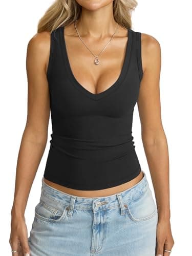 Eachyes Womens V Neck Tank Tops Sleeveless Slim Fit Shirts Summer Going Out Fashion Outfit Clothes 2026 Black XX-Large