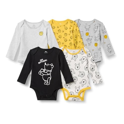 Amazon Essentials Disney | Marvel | Star Wars Unisex Babies' Long-Sleeve Bodysuits, Pack of 5, Winnie the Pooh Oh Bother, 6-9 Months
