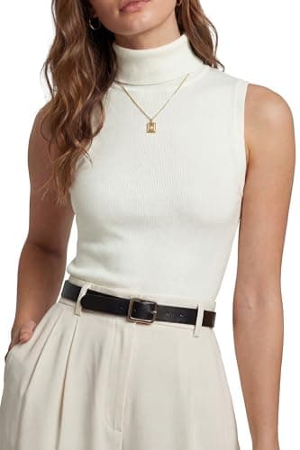Arach&Cloz Womens Cashmere Mock Neck Tank Tops Sleeveless Vest Short Sleeve High Turtleneck Fall Spring Lightweight Trendy Summer Sweater Soft Slim Fit Work Business Casual Outfits 2026 Off-White M