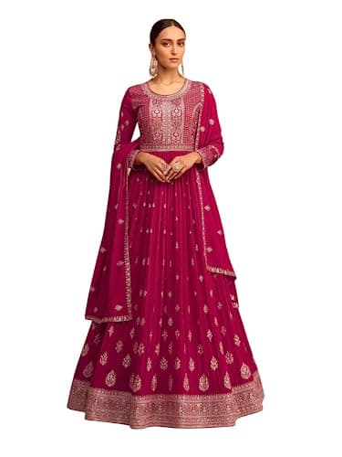 Heni Fashion Ready To Wear Indian/Pakistani Style Party Wear Embroidered Anarkali Suit Anarkali Gown For Women's (M, Pink1) HN-Sharara 0