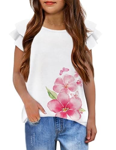 Arshiner Girls Round Neck Tops Summer Shirts Ruffle Short Sleeve Tee Shirts Pink Flower Blouse for Girls 5-6 Years
