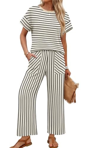 Sampeel Two Piece Sets for Women Matching Sets Women Clothing Summer Clothes 2 Piece Outfits Striped Lounge Set Spring Casual Travel Outfits Apricot Black Striped L