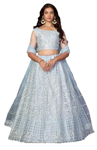 RoohVastra Ready to Wear Indian Lehenga Choli with Stitched Blouse For Women, wedding, navratri, Bridesmaid, Party 0293 (Sky Blue, 42)