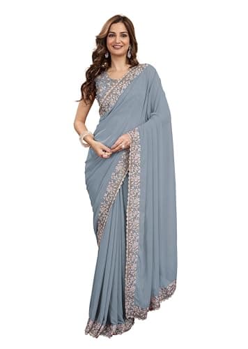 TRENDMALLS Women's Georgette Lakhanvi Embroidery with Sequence Moti work Women Saree (K1001-Grey)