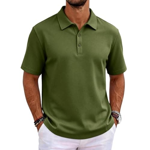 Mens Dri Fit Polo Shirts Short Sleeve Classic Slim Fit Performance Polos Moisture Wicking Quick Dry Breathable Athletic Pique Polo Shirts for Golf Business Casual Army Green