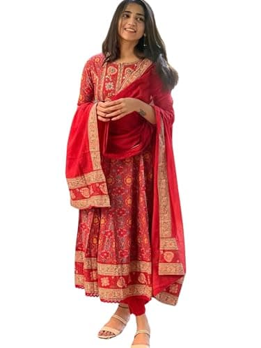 AMPHV Women Kurta Set with Dupatta in Cotton Fabric Indian Tunic Dress Ethnic Wear Collection for Women - Red, Large