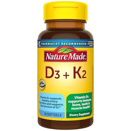Nature Made Vitamin D3 K2 Supplement, 5000 IU (125 mcg) Vitamin D for Bone, Muscle and Immune Support, 30 Softgels