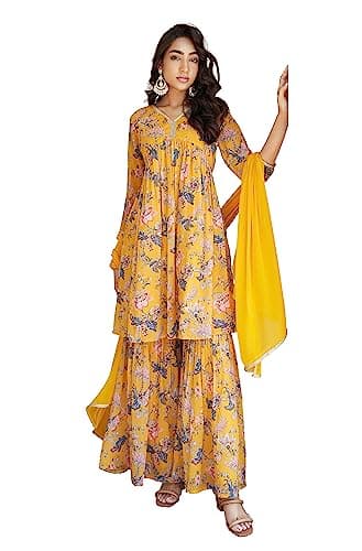 Janasya Indian Women's Georgette Yellow Floral Print Festive Wear Kurta Set for Women