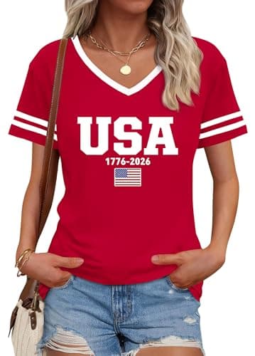 YZMI USA Shirts for Women Fourth of July Patriotic Shirt V Neck American Flag Memorial Day Tee Tops Red L