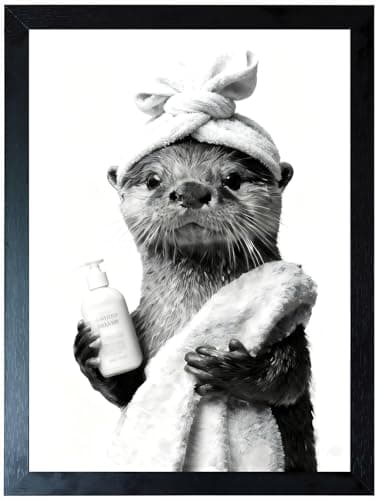 Black and White Bathroom Canvas Wall Art, Farmhouse Humor Animal Art Posters Prints Wall Decor, Funny Otter is Getting Ready Bath Paintings Artwork for Restroom Decoration Ready to Hang 12x16In Framed