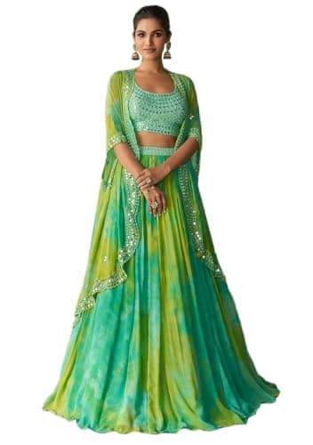 Indya Green Silk Blend Tie And Dye Printed Lehenga Choli for Festive | Sleeveless | Scoop Neck | Indian Ethnic Wear