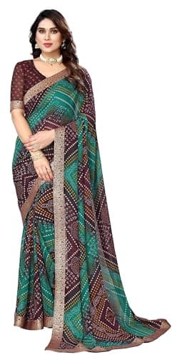 IMTRA FASHION Women's Indian Bandhani Printed Sari Georgette with Lace Work Saree