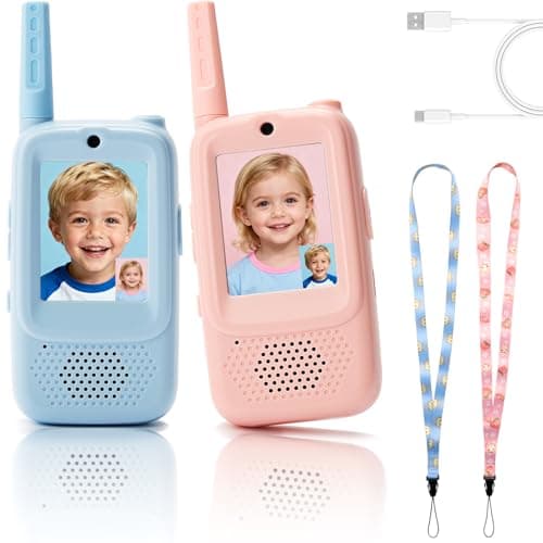 2-Pack Kids Walkie Talkies with Video Calling, No Wi-Fi Needed for 2-Way Video Chat, Rechargeable Handheld Video Intercom for Indoor Outdoor Play, Camping, Gift for Boys Girls Ages 3-12 (Blue/Pink)