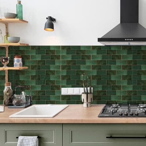 10-Pack Peel and Stick Backsplash Tiles, 7.87"x7.87" Self-Adhesive Wall Tiles, Green Marble Vinyl Waterproof Wall Covering, Kitchen Backsplash Sticker for Renters, Apartment, Hotel, Bathroom, RV