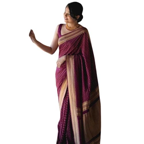 KNETLI Art Silk Saree for Women's With Unstitched Blouse (Gold Maroon)