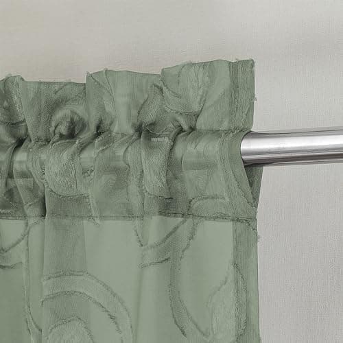 OWENIE Furman Sage Green Sheer Curtains Valances for Windows, Small Short Sheer Curtains for Living Room Bedroom, Airy Solid Curtains with Geometric Jacquard Clip Design, 2 Pcs Each 40Wx14L inch