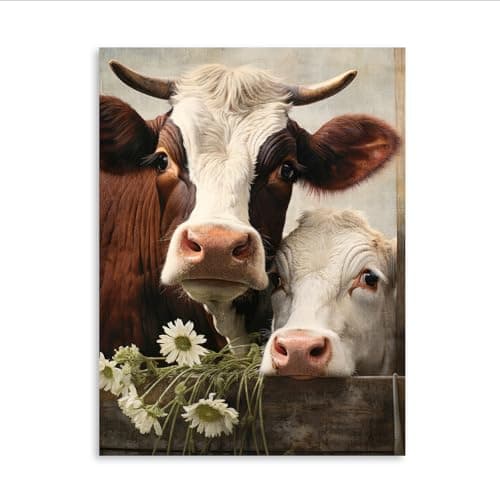 Cow Pictures Wall Decor Farmhouse Animal Print Framed Painting With Flower Poster 12x16 Inches