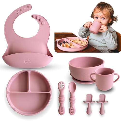 BPA-Free Silicone Baby Feeding Set – Baby Utensils 6–12 Months, Suction Plate & Bowl, Cup, Bib & Training Spoons | Food Grade Silicone, Dishwasher Safe Baby Eating Set