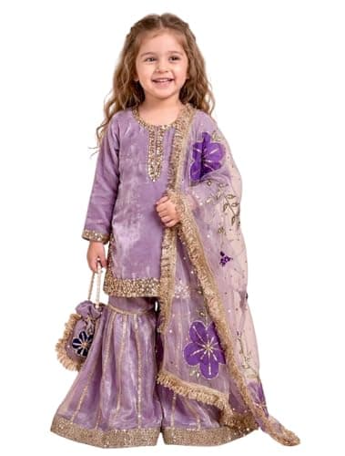QLUVA Kids Silk Kurta Sharara Set For Girls With Dupatta - Indian Ethnic Party Wear Embroidery Sequence Work. (purpal, 6-8 years)