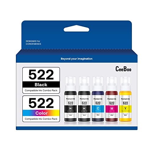 CEEBOO 522 High Capacity (5 Bottles) Refill Ink Replacement for Epson Compatible 522 (Not Sublimation) Use for EcoTank ET-2803 ET-2800 ET-2720 ET-4800 Printer