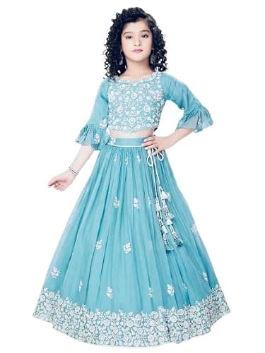 disson Girls Turquoise Lehenga Choli Set with Bell Sleeves, Floral Embroidered Crop Top and Skirt, Traditional Indian Dress (Sky-Blue, 11 Year)