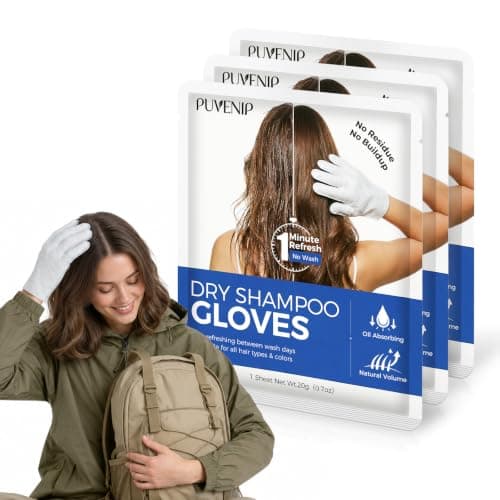 Travel Size Dry Shampoo Gloves - No Rinse Hair Refresh for Camping, Flights, Travel, Road Trips, Business trips & Limited Mobility, Clean & Volume, No White Cast Dark Hair, For All Hair Types (3 Pack)