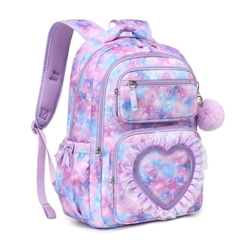 MOONBABY Kids Backpack for Girls Ages 6-12 with Sweet Heart Pocket, 17" Lightweight Elementary Middle School Bookbag, Bowknot Lace Ballet Style