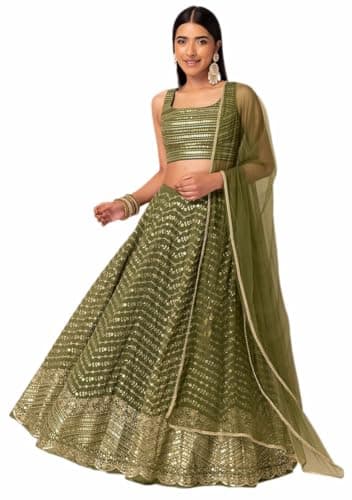 Indya Green Embroidered Georgette Lehenga Set | Perfect for Haldi Lehengas | Sleeveless | Round Neck