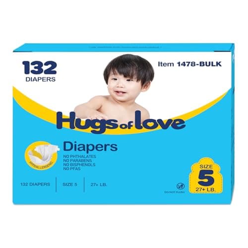 Dynarex Hugs-of-Love Diapers Size 5 (27+ lb) Baby Diapers - High Absorbency, Leak Protection, Soft Comfort, 132 Diapers per Case