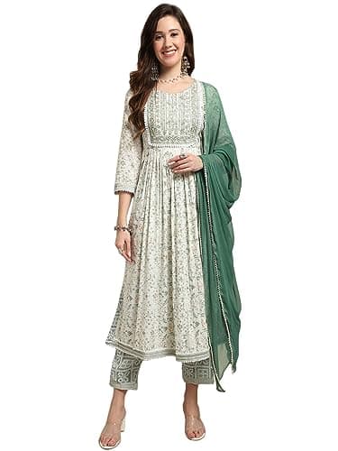 Aashita Creations Women's Rayon Nayra Cut Kurta with Pant and Dupatta Set Green-Medium