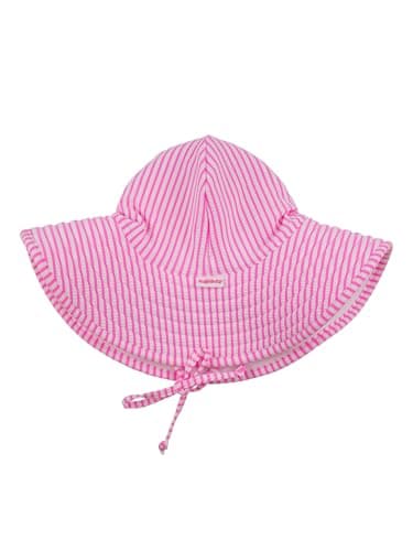 RuffleButts® Baby/Toddler Girls UPF 50+ Sun Protective Wide Brim Swimwear Sun Hat - Neon Pink Seersucker, 3T-5