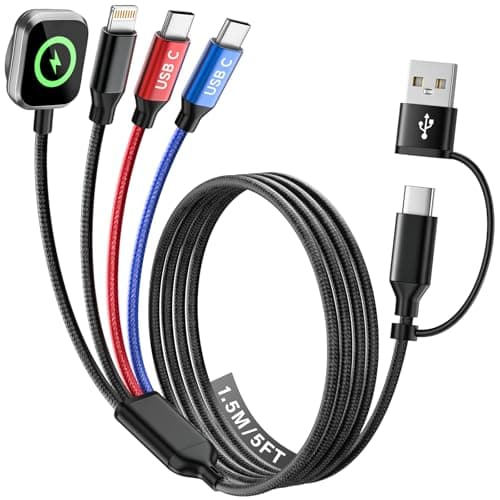 Dual Type-C Ports 4 in 2 USB C Cable for iWatch Charger/iPhone 17, Travel Charger Multi Charging Cable Cord for iWatch Ultra/SE/11-1, iPhone16-8, iPad, Android, Car, Cruise Travel Essentials -1Pc 5FT