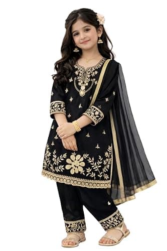 disson Girls Velvet Salwar Suit Set with Dupatta | Kurta Pant | Maroon, Blue & Black Festive Outfit | Ethnic Dress (US, Age, 11 Years, 12 Years, Black)