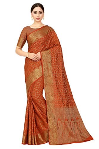 MIMOSA Women's Art Silk Saree Patola Style With Unstitched Blouse - Orange