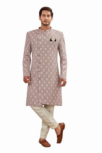 Lady Dwiza Indian Designer Wedding Festive Wear Men's Jacquard Indo-Western Sherwani Pajama Set
