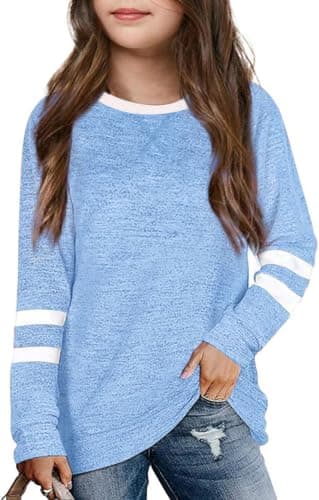 NikNio Girls Sweatshirt Color Block Crew Neck Long Sleeve Casual Loose Pullover Top Clothes Blue 9-10 Years