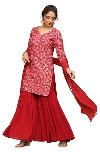 Janasya Indian Women's Georgette Red Embroidered Festive Wear Kurta Set for Women