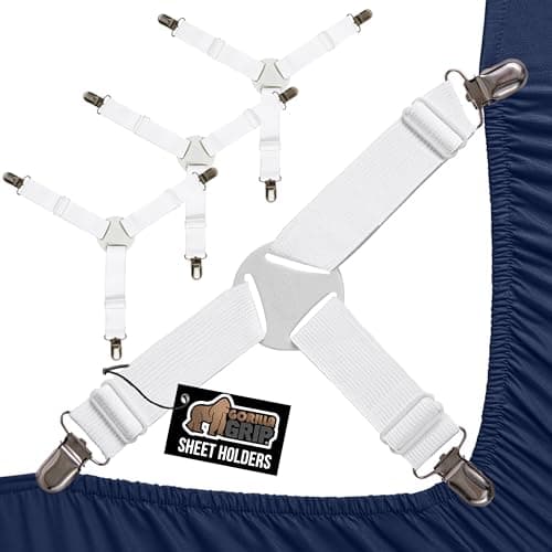 GORILLA GRIP Patented Bed Sheet Holders, Adjustable Elastic Fasteners with Metal Clips, Keep in Place Fitted Bedding Straps, Firm Tight Suspenders for Mattress, US Designed, 4 Pack White