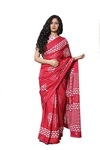 Shivanya Handicrafts Indian Jaipuri Bagru Ajrak Hand Block Printed Designer Ethnic Woven Party Wear Bollywood Style Cotton Mulmul Saree for Women With Blouse Piece_SH-0182