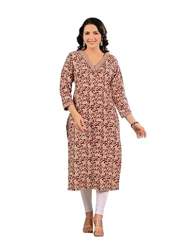 Meyali Womens Cotton Kurti – Printed Straight Fit Casual Wear | Daily Wear Indian Style Kurtis for Office, College & Outings Crimson