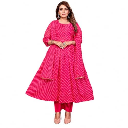 7 HORSE Women Pink Weightless Anarkali Kurta Set with Dupatta & Pants | Long Flared Striped Ethnic Dress | 3-Piece Ready to Wear Indian Suit (S)