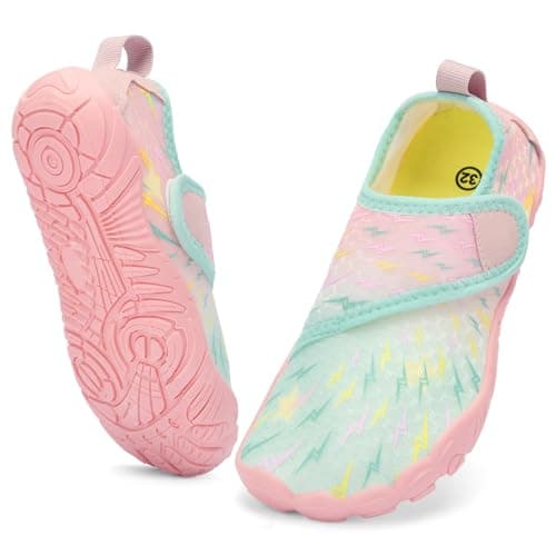 Water Shoes for Boys Girls - Wide Toe Barefoot Zero Drop Sole Aqua Sneakers Quick Drying Breathable Swim Shoes Summer Sand Beach Swimming Pool Boating Supplies for Kids Pink Green Big Kid Size 4