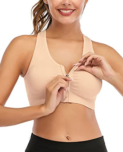 Women's Zip Front Sports Bra Wireless Post-Surgery Bra Removable Pads Active Yoga Workout Daily Support Beige