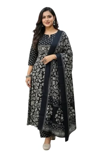 Women’s Printed Kurti Set with Dupatta | Ethnic Indian Salwar Suit | 3/4 Sleeve Floral Kurta with Pants | Traditional Wear (US, Alpha, Medium, Regular, Regular, Black)