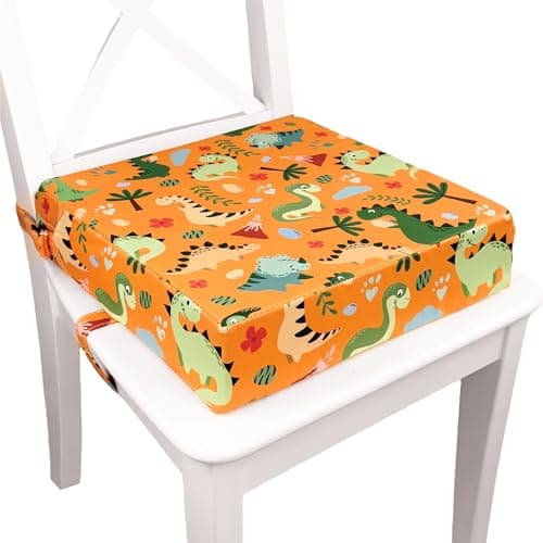Toddler Booster Seat for Dining Table & Kitchen Chairs - Premium Foam with Non-Slip Bottom & Double Adjustable Straps, Safety Certified, Portable Travel &Easy to Clean (Orange-Dinosaur)