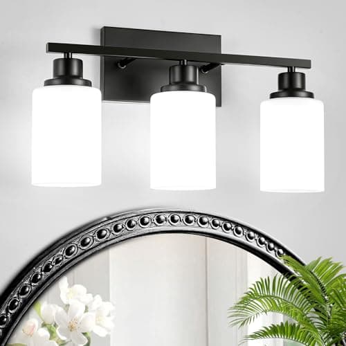 HCCZ 3-Light Black Bathroom Light Fixture Over Mirror,Modern Farmhouse Vanity Light,Wall Sconces with Milky White Glass Shade for Bathroom,Bedroom, Living Room,Staircase,Hallway E26