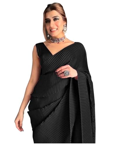 Sidhidata Women's Full Crushed/Pleated Satin Saree With Unstitched Blouse Piece (Blackk)
