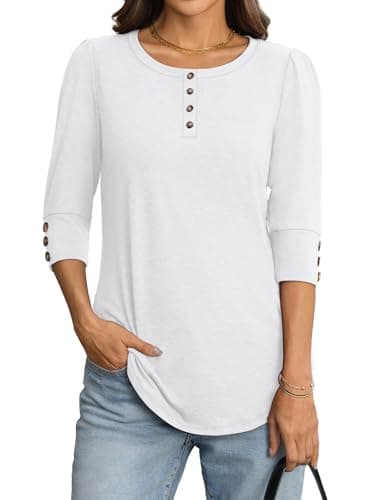TICTICMIMI Womens Henley 3/4 Sleeve Blouses Puff Elbow Length Tops Casual Dressy Tunic Outfit Spring Summer Clothes White Medium