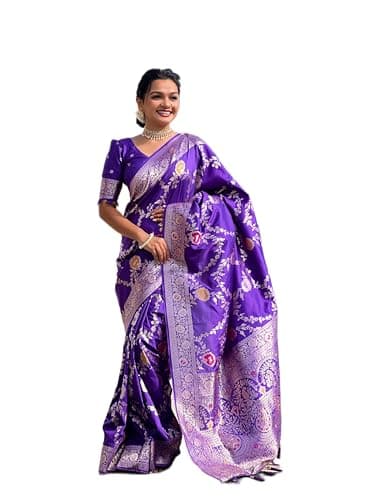 Women’s Soft Banarasi Silk Saree with Zari Weaving & Meenakari Design Rich Pallu & Matching Unstitched Silk Blouse Piece (Purple)